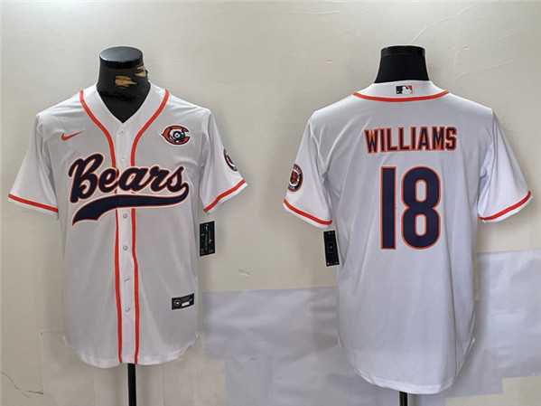 Men%27s Chicago Bears #18 Caleb Williams White With Patch Cool Base Baseball Stitched Jersey